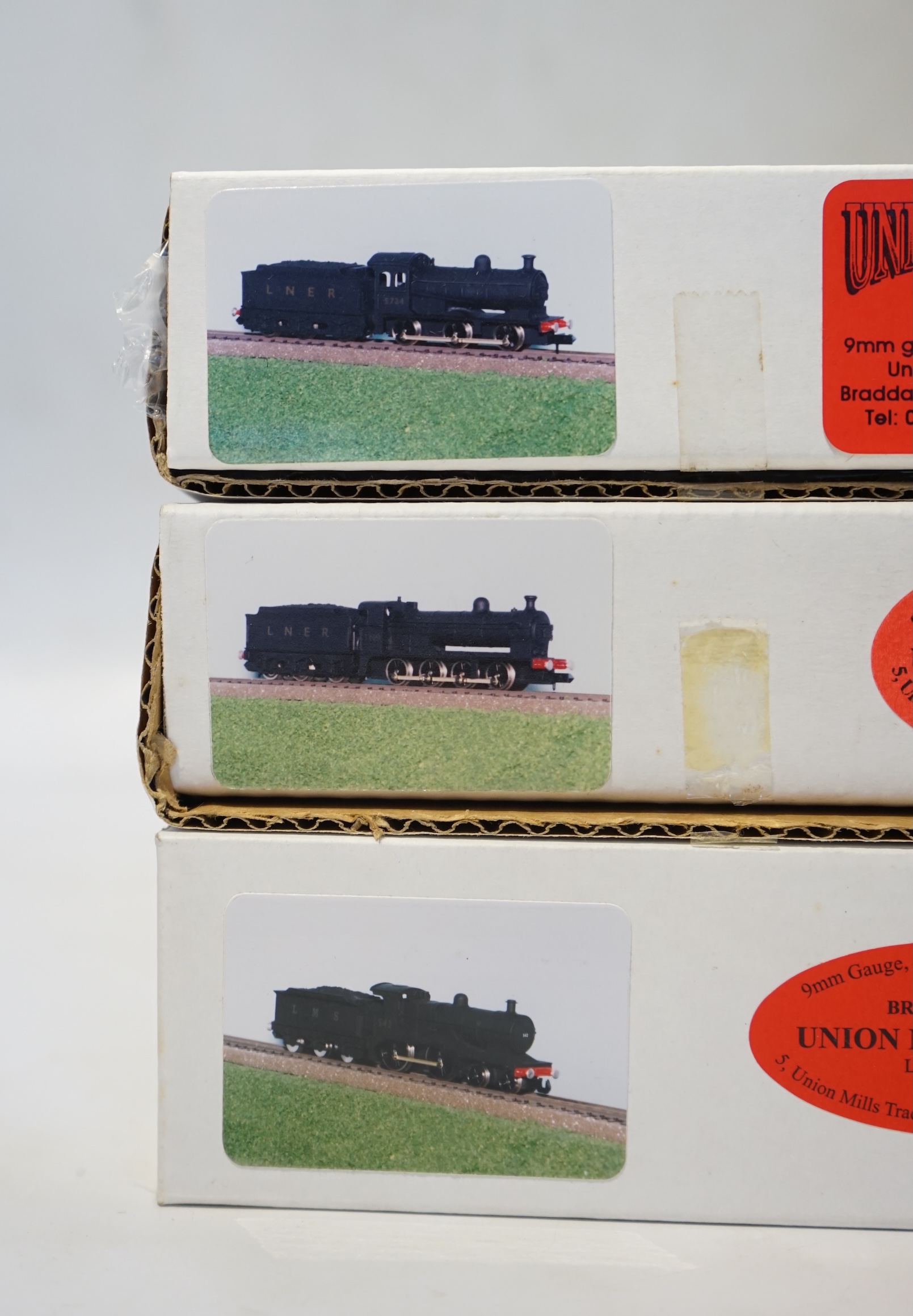 Three boxed Union Mills Models N gauge railway LNER locomotives; a Class Q2, 3359, a Class J26, 5734, and a Class 2P, 542. Condition - good.